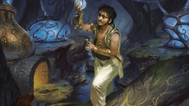 A man in a vest holds up two potions  in a fantasy lab of MtG.