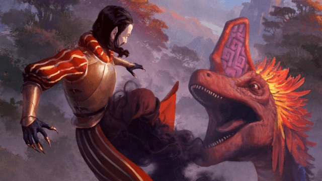 A vampire in a golden chestplate rises from a forest, a massive dinosaur chasing him, in MtG.