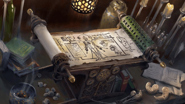 A scroll with various information, like a diagram of a person, sits on a cluttered desk in MtG.