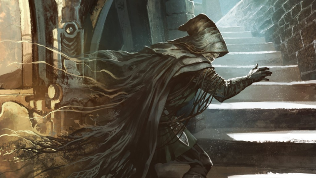 A man in an invisibility cloak sneaks behind a guard on a staircase in MtG.