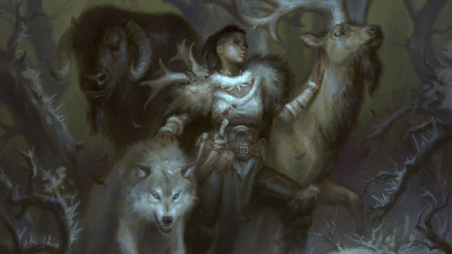 A woman in hide armor stands between an elk, wolf, and bison in MtG.