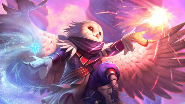 A humanoid with the face, wings, and hands of an owl wears a red scarf and levitates a fire and ice bolt above their hands in MtG.