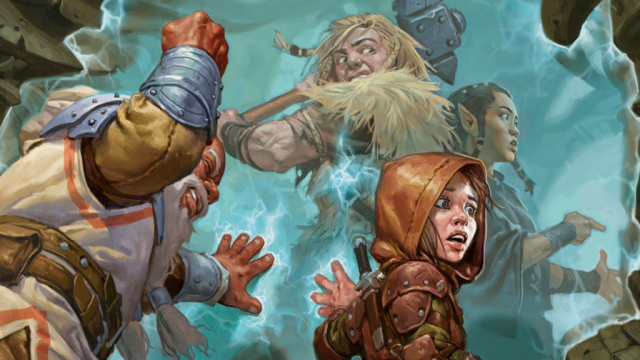 A dwarf and halfling pound on a blue barrier as a barbarian and elven woman prepare for attack in MtG.