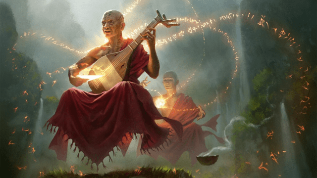A monk in red robes plays a lute while another stores the information in a mote of magic in a grassy valley of MtG.