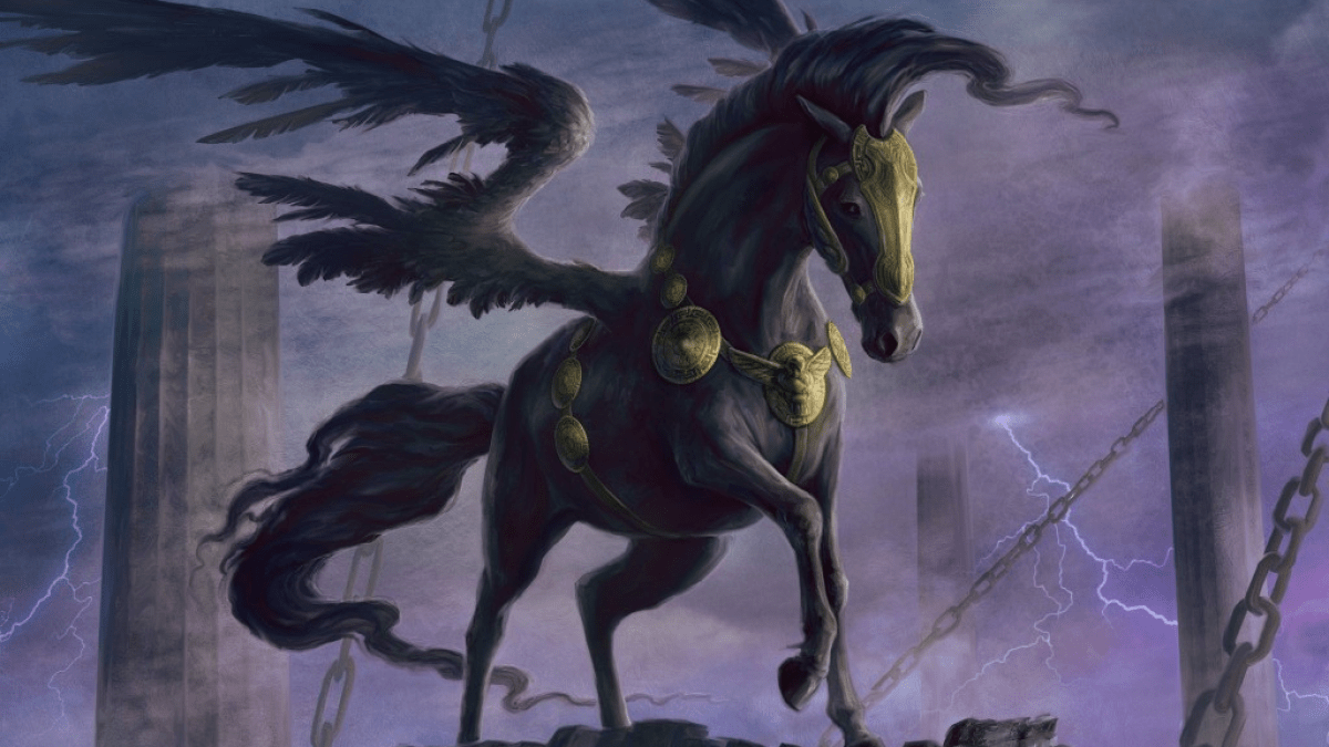 A black-furred horse with shadowy wings stands in a miasma of darkness in MtG.