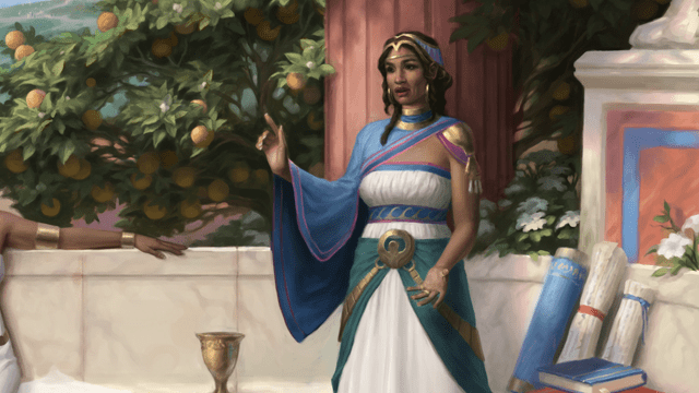 A woman wearing a white gown and a blue sleeve talks to the left in a marble garden of MtG.