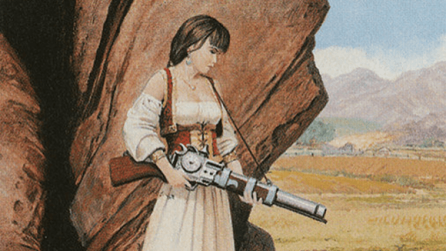 A woman in traditional maid clothes stands in front of a cliff, looking down at something, a rifle in her hands in MtG.