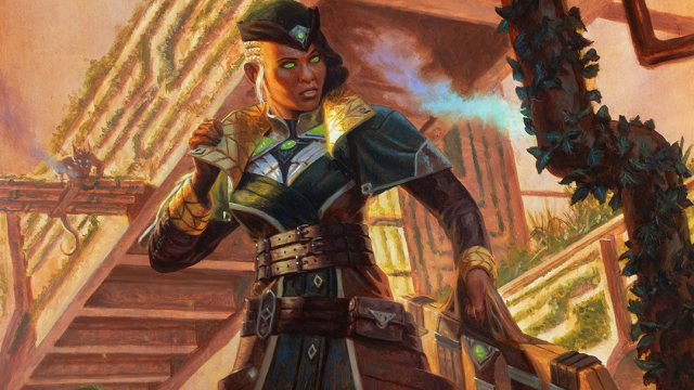 A woman in commander's clothing and glowing eyes looks at something off-frame in MtG.