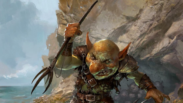 A goblin man holds a trident above his head in front of a rocky cliff in MtG, hunting fish.