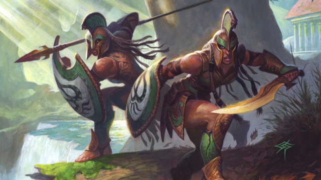 A pair of shield-wielding warriors, one with a spear and another with a sword, sit on a cliff in front of a waterfall in MtG.