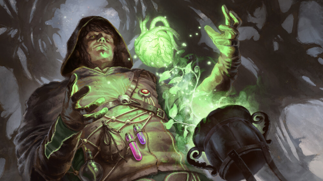 A Druid, wearing leather armor and potion supplies, brings a ball of energy out of a cauldron in MtG.