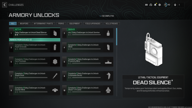 Image of the armory unlock challenge menu hovering over the Dead Silence Field Upgrade.