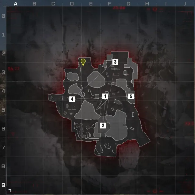 An overhead shot of Afghan in Modern Warfare 3 with the five hardpoints marked in order.