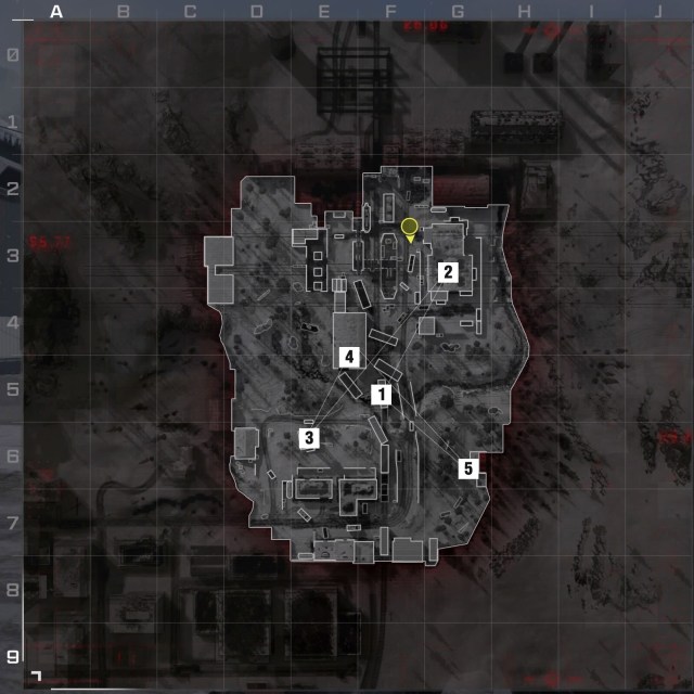 An overhead shot of Derail in Modern Warfare 3 with the five hardpoints marked in order.