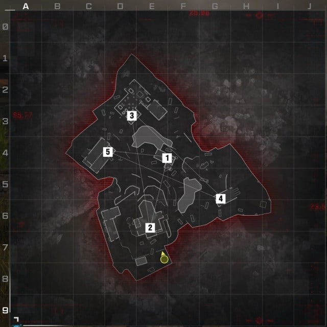 An overhead shot of Estate in Modern Warfare 3 with the five hardpoints marked in order.