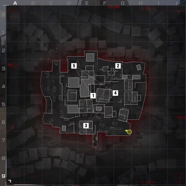 An overhead shot of Favela in Modern Warfare 3 with the five hardpoints marked in order.