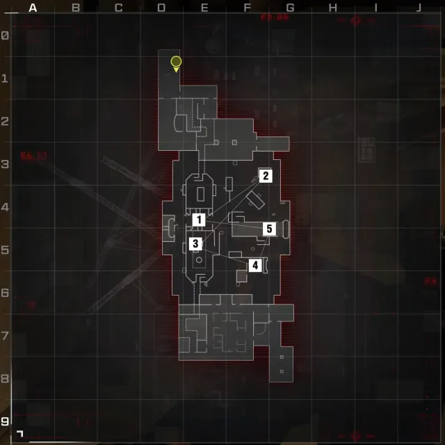 An overhead shot of Highrise in Modern Warfare 3 with the five hardpoints marked in order.