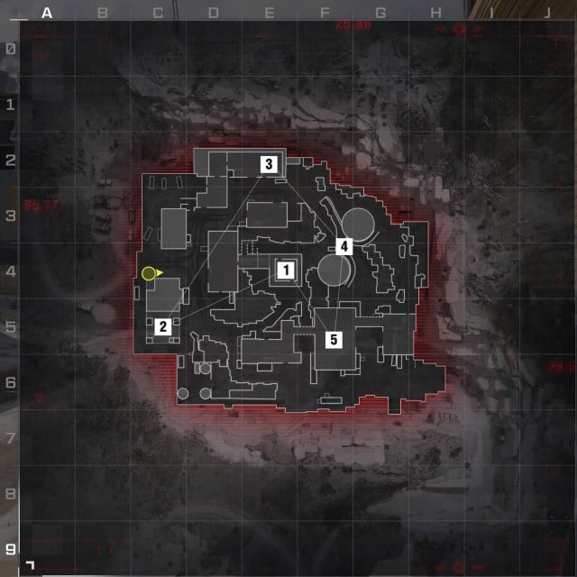 An overhead shot of Quarry in Modern Warfare 3 with the five hardpoints marked in order.