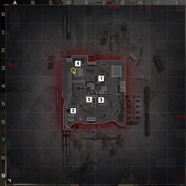 An overhead shot of Rust in Modern Warfare 3 with the five hardpoints marked in order.