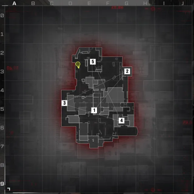An overhead shot of Skidrow in Modern Warfare 3 with the five hardpoints marked in order.