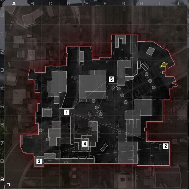 An overhead shot of Underpass in Modern Warfare 3 with the five hardpoints marked in order.