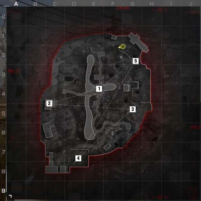 An overhead shot of Wasteland in Modern Warfare 3 with the five hardpoints marked in order.