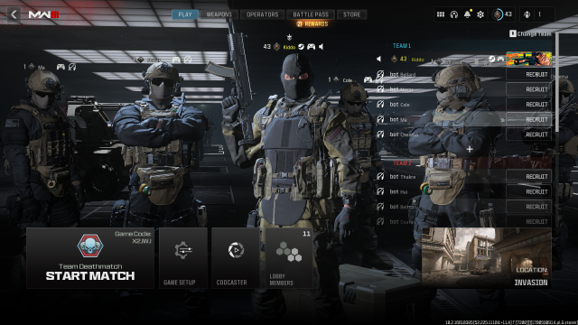 Image of a private lobby screen in Modern Warfare 3, showing a lobby full of bots.