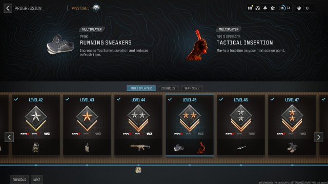 Running Sneakers and Tactical Insertion listed on the progression unlocks in MW3.