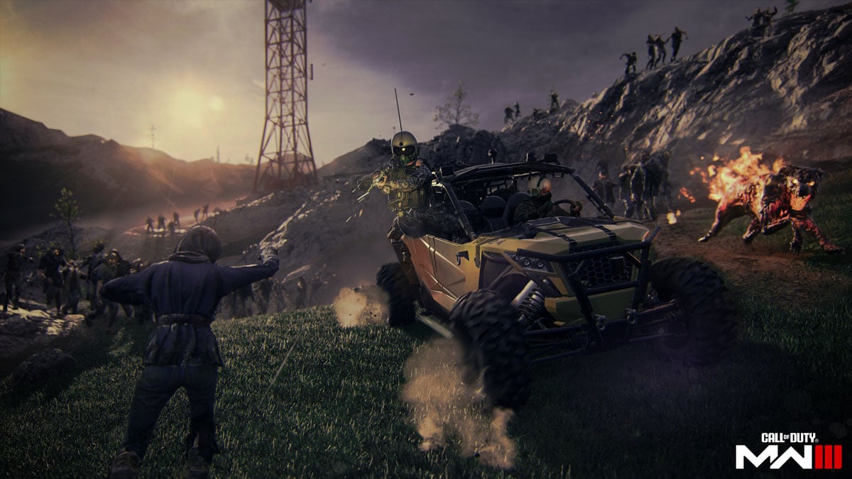 An operator drives a four-wheel car as zombies attack in a nuclear zone in Modern Warfare 3 Zombies.