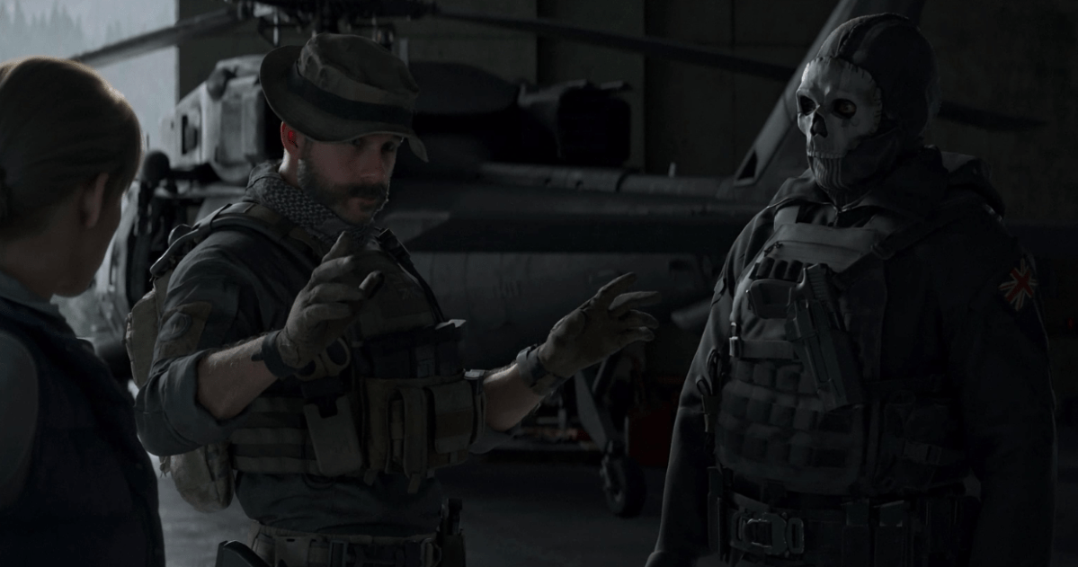 Captain Price speaks with Laswell and Ghost in a MW3 campaign custcene.