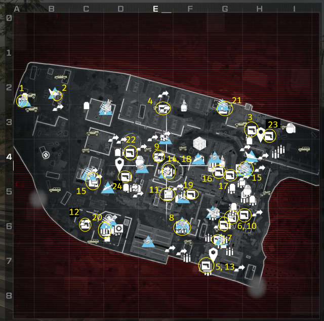A map of all weapon locations in MW3 mission "Reactor."
