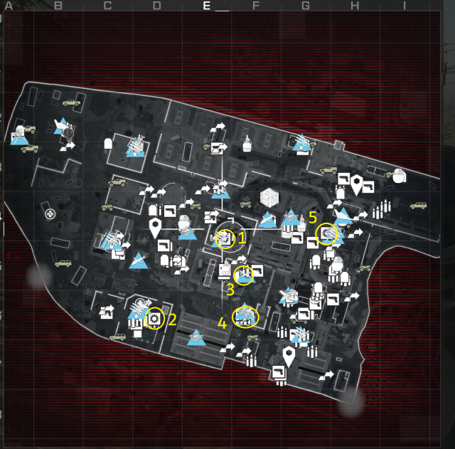 A screenshot of all Field Equipment locations in MW3 mission Reactor.