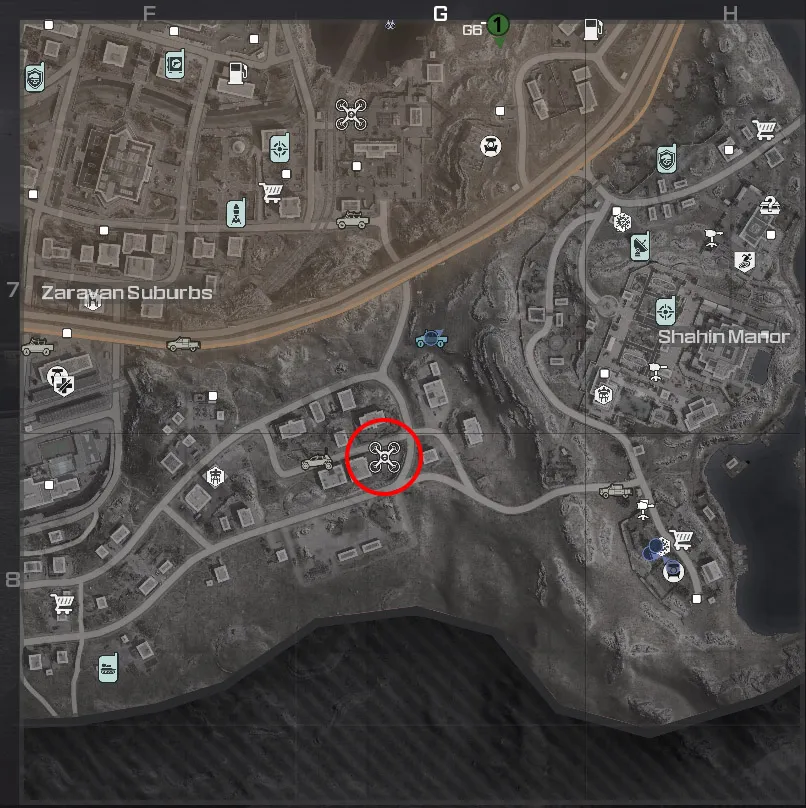 Map showing the quadrotor icon for the Redeploy Drone in the area in MW3 Zombies.