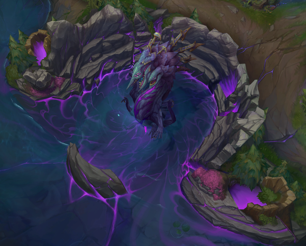Baron Nashor's new look in 2024. A giant worm-like beast sits in a pit in a river on Summoner's Rift in League of Legends.