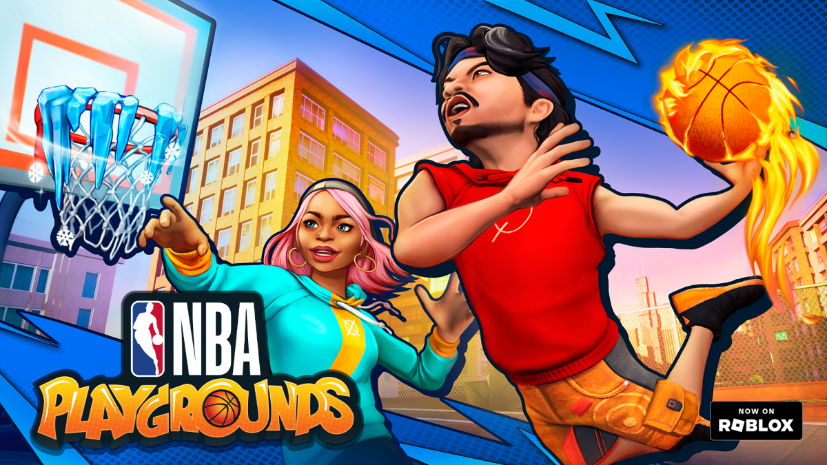 Cartoonish art for game NBA Playgrounds. It features a man getting ready to dunk a ball.