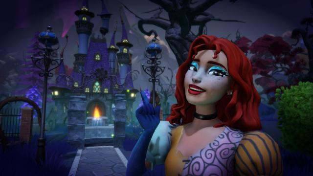 The player taking a selfie in front of the Nightmare Castle.