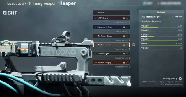 An Off the Grid screenshot showing the picture of a gun zoomed into the barrel, with gun stats on a menu on the right