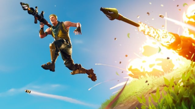 Jonesy jumping away from some rockets in Fortnite.