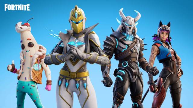 Four Fortnite characters standing against a blue background.