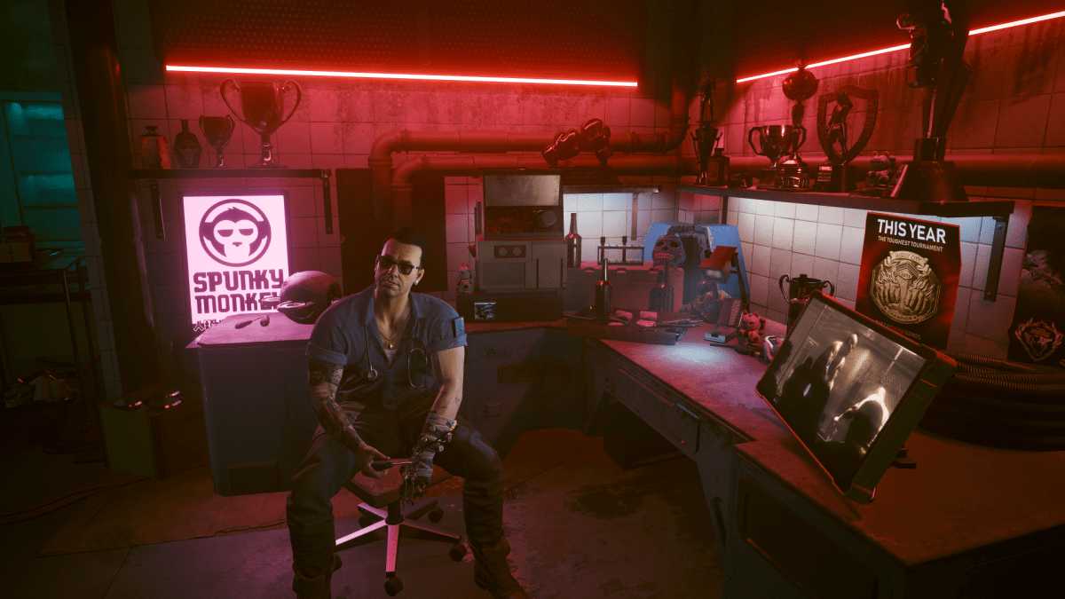 Victor, a Ripperdoc from Cyberpunk 2077, sitting down in his neon-lit clinic.