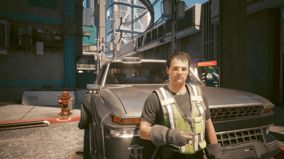 Bill Jablonsky leaning against his truck in Cyberpunk 2077.