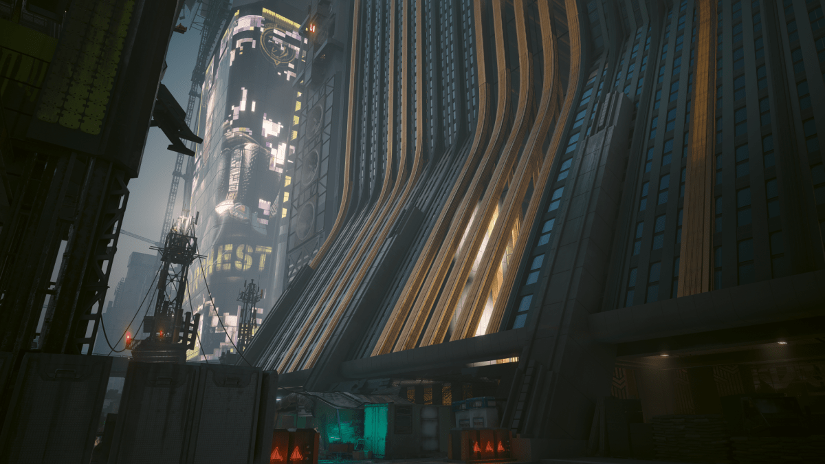 The exterior of the Black Sapphire, a massive building in Dogtown (Cyberpunk 2077).