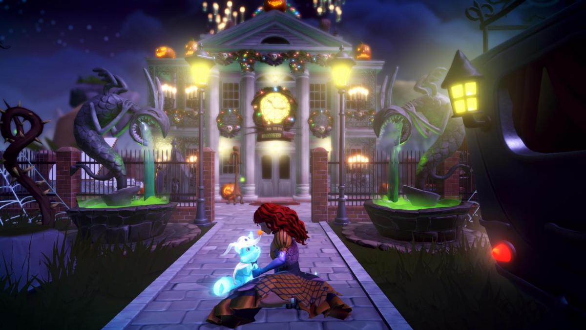 The player petting a Zero fox in front of the Haunted Mansion house.