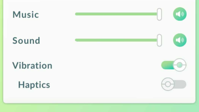 A screenshot of the Haptics menu in Pokémon GO.
