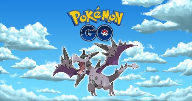 Mega Aerodactyl in Pokemon Go with clouds in the backdrop
