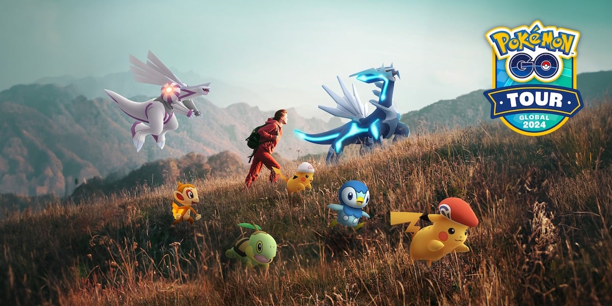 A man walking up a hill with a backpack, surrounded by Gen IV Pokémon. The Pokémon Go Tour logo is on the right top corner of the image.