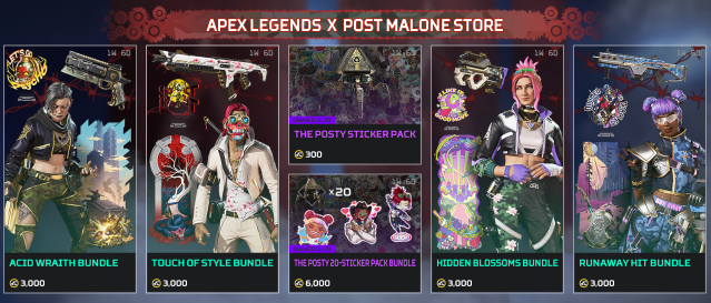 A screenshot from the Apex Legends in-game store showing the Post Malone event and multiple skin and sticker bundles.
