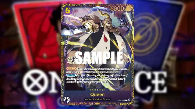 Queen from One Piece appears on a Purple Treasure Cup Character card from the Bandai card game.