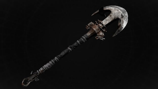 The Abyssal Hook, a long weapon with a hook at the end, sits on a black background in Remnant 2.