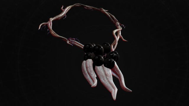 A strange, flesh-like necklace with three pointed ears sits on a black background in Remnant 2.